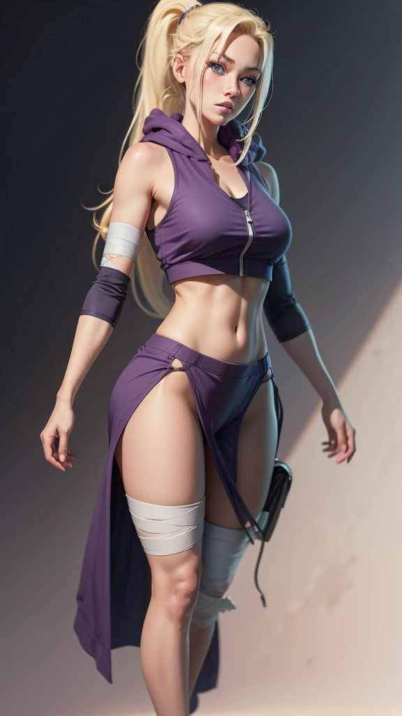 ino yamanaka, long hair, blonde hair, ponytail, high ponytail, blue eyes,bare shoulders, detached sleeves, bandages, bandaged leg, sleeveless, hoodie, hood down, crop top, purple crop top, pelvic curtain, detached sleeves,