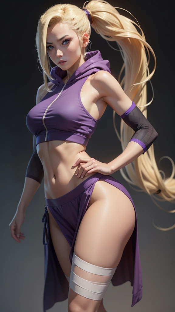 ino yamanaka, long hair, blonde hair, ponytail, high ponytail, blue eyes,bare shoulders, detached sleeves, bandages, bandaged leg, sleeveless, hoodie, hood down, crop top, purple crop top, pelvic curtain, detached sleeves,