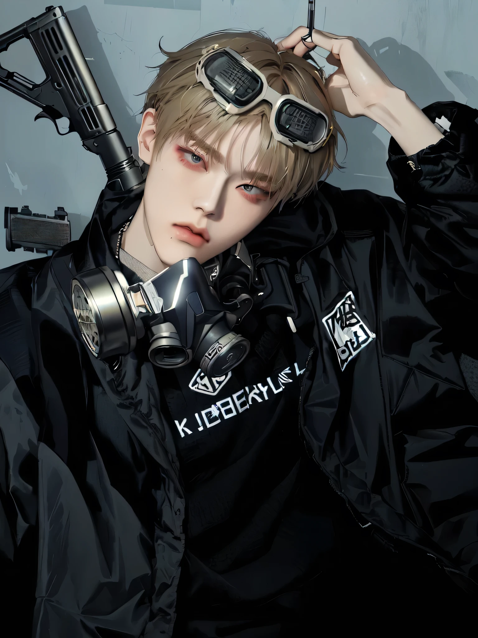 there is a man wearing a gas mask and holding a gun, jung jaehyun, bladee from drain gang, kim doyoung, wearing japanese techwear, cai xukun, cyberpunk streetwear, skeb.jp, wearing cyberpunk streetwear, key anime visuals, neo - dada, neo-dada, sakimichan, with pistol