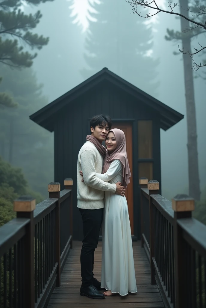 Couple. A Asian woman wearing long hijab, A. A Asian Man with stylish hair, wearing a white sweater and pants, hugging, stands on the deck of a small, modern cabin with a dark, minimalist design, metal roof, and wooden walls. She has a scarf around his neck and leans casually against the railing, gazing warmly into the camera. The cabin is surrounded by tall trees in a dense, misty forest, with trunks and branches barely visible through the thick fog. The atmosphere is serene, mysterious, slightly eerie, evoking solitude and a deep connection with nature.closed up. Face facing the camera