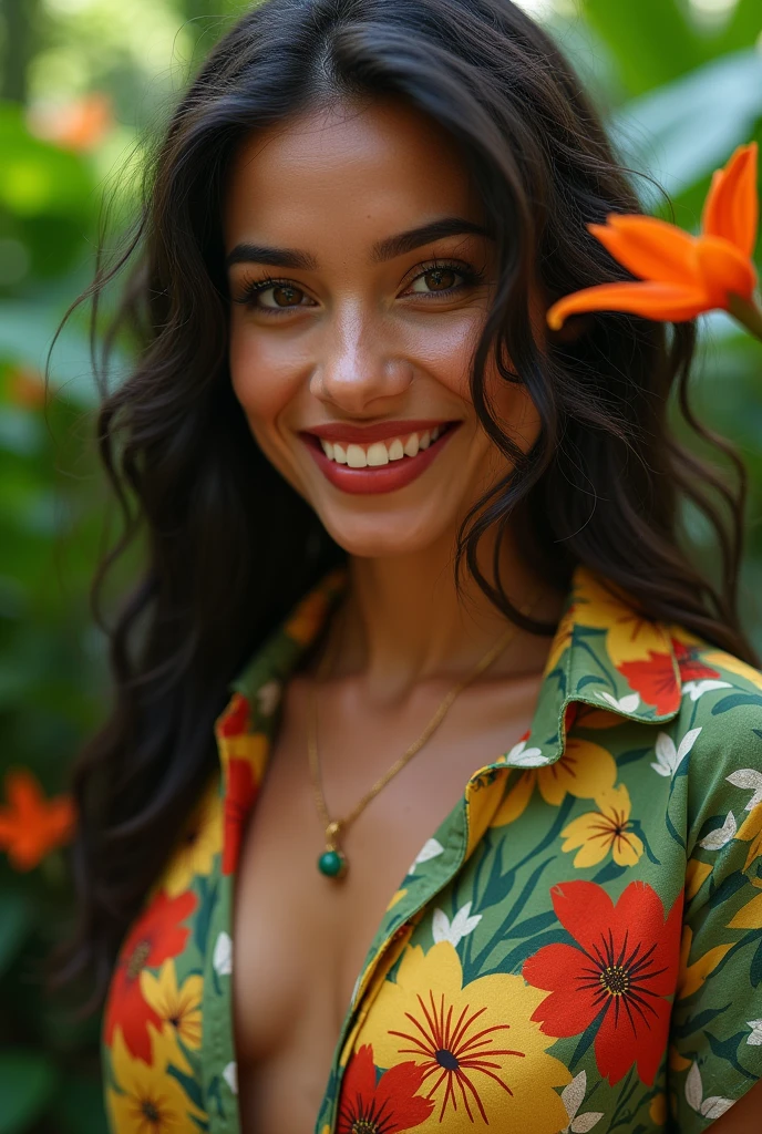 A Brazilian woman in a lush tropical garden, wearing an open shirt with a floral print, with a close-up capturing the harmonious beauty between her breasts and the natural flowers, showing off your natural charm and outgoing personality.