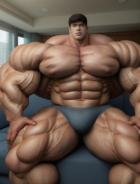 1boy, giant, asian, giant bodybuilder, warm light, strong body, bulk, large size, staring, sitting on couch in the plush dorm room, open legs, nude, navy triangular underwear, prominent bulge, extraordinary big, brutalmass, giant, muscular body, bulk, buff, massive body, large meaty body size, extremely wide body