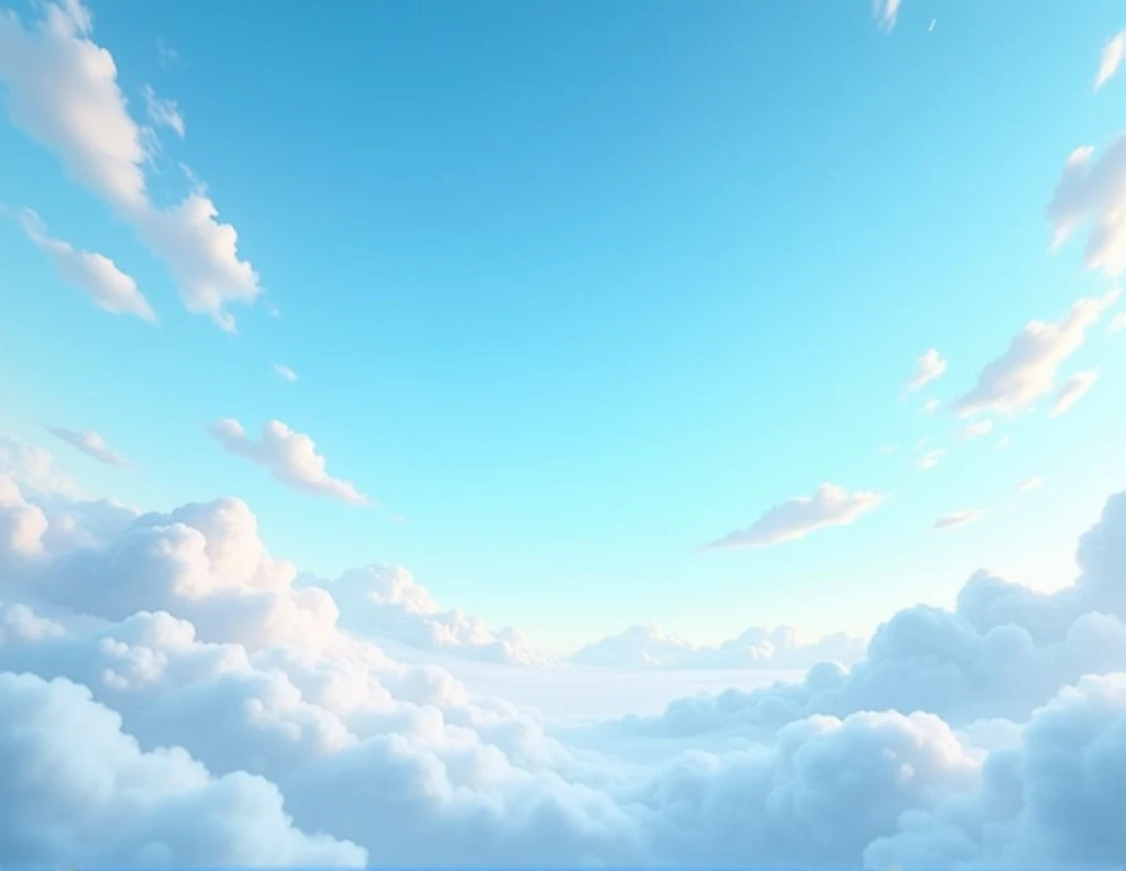 Create a 1024x1024 pixel skybox texture with a clear blue sky and fluffy white clouds. The clouds should be tered and have a slight glowing effect, as if they were illuminated by the sun. Texture must be applied to a cube to create a three-dimensional environment that appears realistic when viewed from different angles.