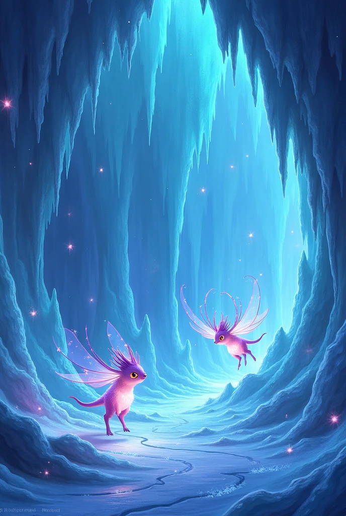 Create a less realistic animated ice cave without water and without humans