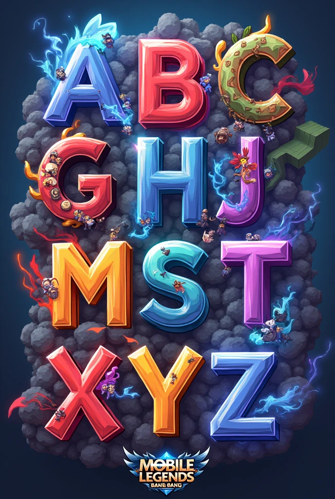Create a stylized alphabet in mobile legends bang bang Each letter inspired by a different hero Without being normal letters