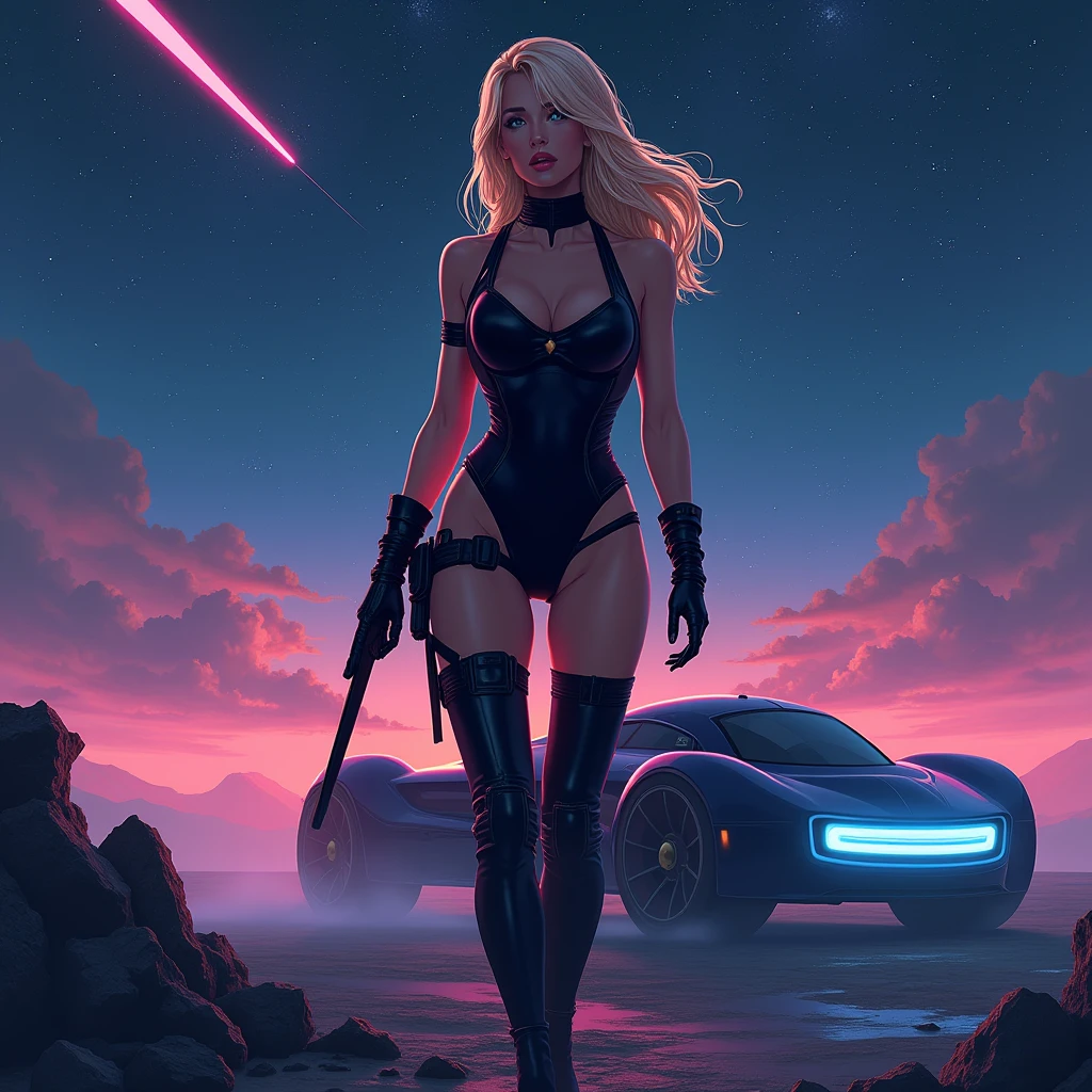 Illustration of a futuristic landscape at night features a beautiful female warrior in black leotard, with blonde hair, femme fatale,instagram model, sexy, appeal, flanked by a hi-tech car, A starry sky glows with a shooting star, illuminated by soft, volumetric lighting in synthwave style, retrowave movie poster,art by PJ Kaiowa