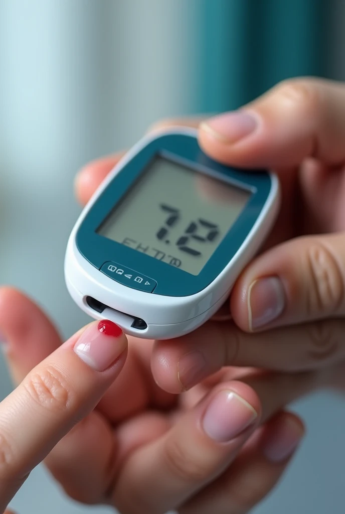 Glucometer in use showing it's screen with details and a finger with blood spot