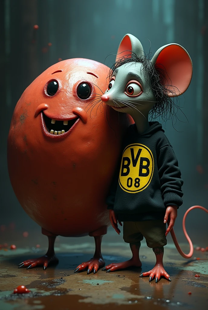 Disney Pixar horror title cover "RATALITO and the meatball* appearance a mutant mouse with long curly hair clothing a borussia dortmund sweatshirt next to him a giant meatball with feet and eyes next to him