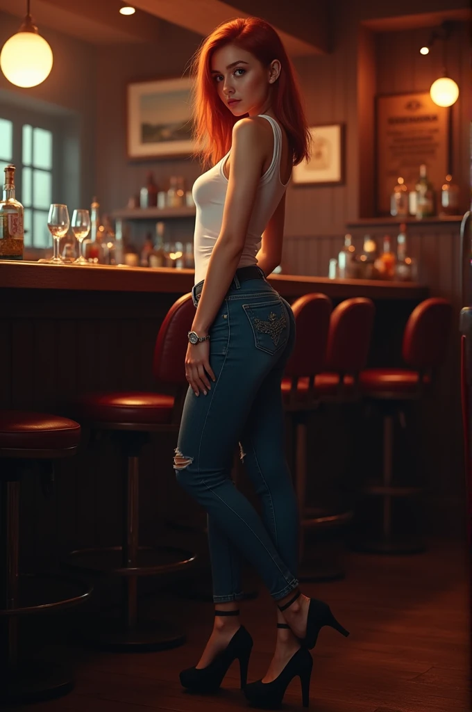 jewish woman, , light Redhead straight hair side hairstyle, Big bust, back pose in full body, sleeveless and unbuttoned white t-Shirt, tight jeans pants, high heels, standing in a bar, detailed face