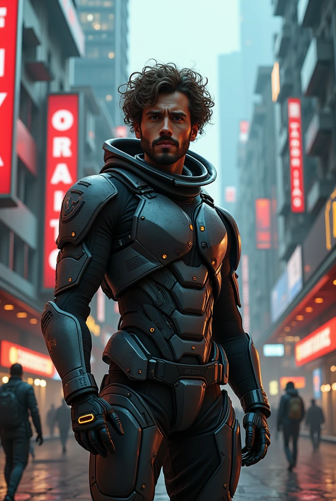 Brazilian man 2, brown curly hair, Caucasian skin , eyes browns, failed beard, futuristic combat suit, futuristic city of thieves and robots.