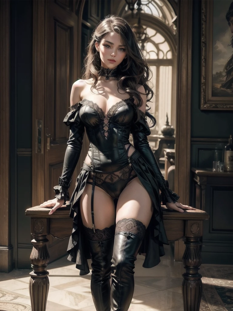 1 girl, beautiful, features are classically beautiful, with high cheekbones, detailed face, beautiful green eyes(detailed eyes), long lashes, medium sized backside, full sensual pouting red lips, camel toe, skimpy black leather with white lace trimmings sheer steampunk short low top dress gossamer thin dress, off shoulder, very long wavy curly hair with ringlets, pink areola and erect niples, random pose, open legs, spread legs, standing, sitting, laying, front, side, behind, full body, thigh boots, lift skirt, sheer black stockings, victorian scenery, erotica, realistic human body parts, random cinematic lighting, random day or night, random view from front or back or side, RAW, 8k textures, ultra photoreal, ultra-detailed, high quality, masterpiece, sharp focus