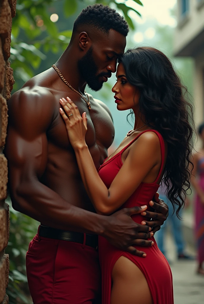 Hot Indian woman, sexy high slit dress, holded by tall, muscular african man infront of other man,outdoor