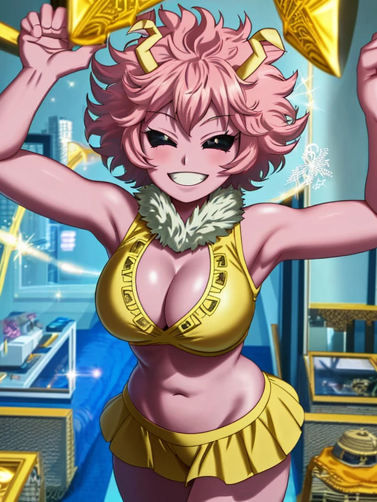 [mina ashido], (Bedroom), [Boku no hero academia], ((solo portrait)), ((bedroom)), ((High definition)), ((anime)), ((Kohei Horikoshi)), ((beautiful render art)), ((detailed shading)), ((cel shading)), ((intricate details)), {mina ashido; (pink skin), (curly yellow horns), long eyelashes, eyes closed, curly pink hair, short eyelashes, very large boobs, (beautiful slightly muscular legs), (excited smile), (white teeth), (blushing)}, {(bikini), (yellow sleeveless jacket), (fluffy collar)}, {(dynamic pose), (looking at viewer)}, [Background; (city), (blue sky), (sun rays)]