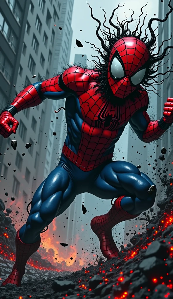 Spider-Man fights with every fiber of his being, trying to maintain control as the creature feeds his darkest doubts and fears., Retro comic style artwork, perfect composition,hyperrealistic,super detailed,high quality,sharp focus,studio photo,intricate details,highly detailed