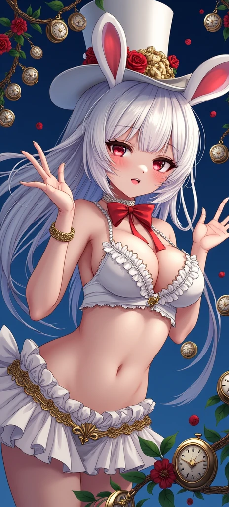 Petite figure, cute woman, nose blush, blush, (((white frilled bikini))), ((((pink crotch tattoo)))), ((lactating from breasts)), massive breasts, (((long silver curly hair)))