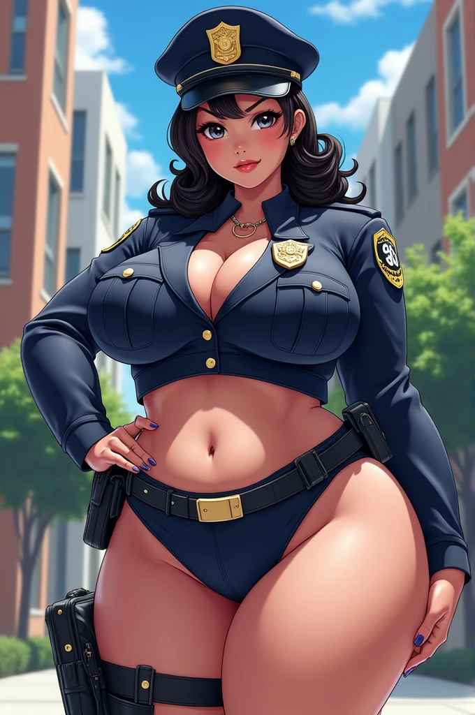 (ultrasauberer Anime)), ((very young!! r!! latina!! policewoman:1,2)), extremely oversized wide hips, extremely oversized thick thighs, heavy butt, extremely oversized huge breasts, extremely oversized female curves, extremely oversized hourglass curves, absolutely too lavish, definitely too curvy