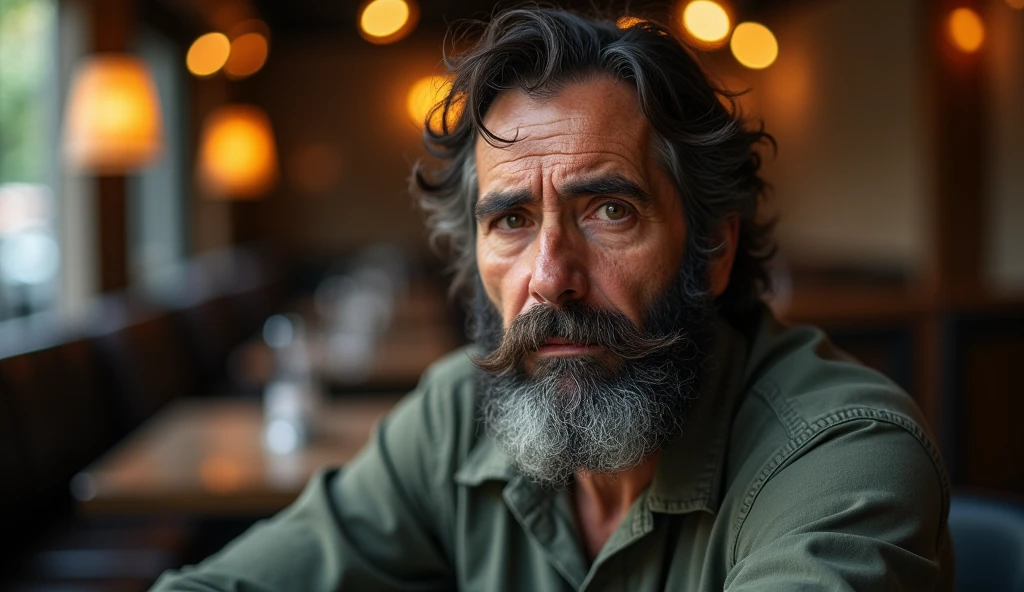 Ultra-realistic portrait of a man in his 50s, the main subject of the picture. He must have brown eyes and dark brown dyed hair, large and unkempt, his face has a dyed beard, large and unkempt. He has a dejected and sad expression, looking directly at the camera with an air of humility. He is dressed as a garbage collector. He is in an indoor environment, suggesting a sophisticated restaurant, with natural light coming from the side, creating a soft effect that creates diffuse shadows, highlighting the texture of the skin and the brightness of the eyes, and emphasizing the angular features of the face. The background should be wide and blurred, creating a sense of depth, with bokeh lamps and everything that makes up the ambiance of a sophisticated restaurant, without taking focus away from the main subject. The image should convey a warm and introspective feeling, with a touch of mystery and contemplation. The photo should capture extreme detail, with high quality 8k rendering, while maintaining the serene and enigmatic atmosphere. High quality photography, 8k rendering, extreme detail, realistic portrait, introspective atmosphere, soft and diffused lighting, natural light.