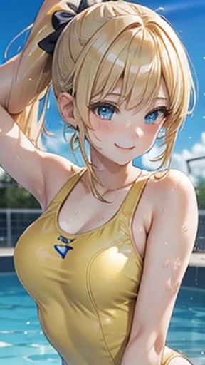 School Swimsuit　Yellow swimsuit　Blonde　Pool　smile　amount　ponytail　