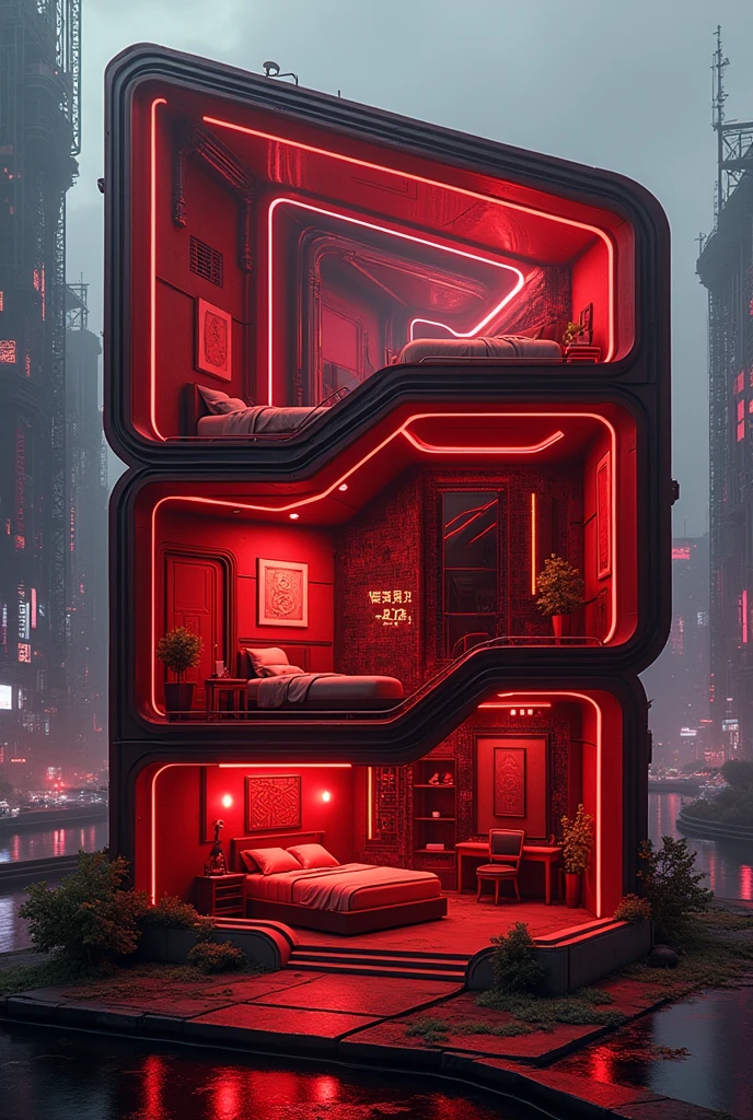 Cyberpunk house with 3 bedrooms in red.