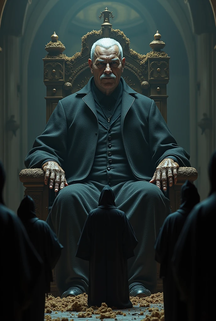 Draw Mature as Voldemort but with a mustache and Mature features on a throne made of poop. In a court of law The Minister of Magic, ally of the dark Lord Voldemort, declares that the Dark Lord has triumphed, while the will of the magical world is ignored, As Death Eaters have always done.