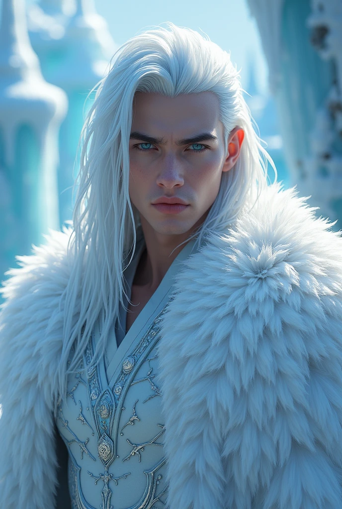 a young man in his twenties, he is from fantasy world , he is king in ice kingdom, he has beautiful stunnig icy blue big eyes, he has long straight white as snow hair, his face is strong and his facial features are strong he doesnt have hair on his face, he is the most beautiful ice king that ever existed, he is very masculine, he is tall and very very strong, he is just fantastical, his body and musels are work of art, he is young and has that young beauty
Show him whole