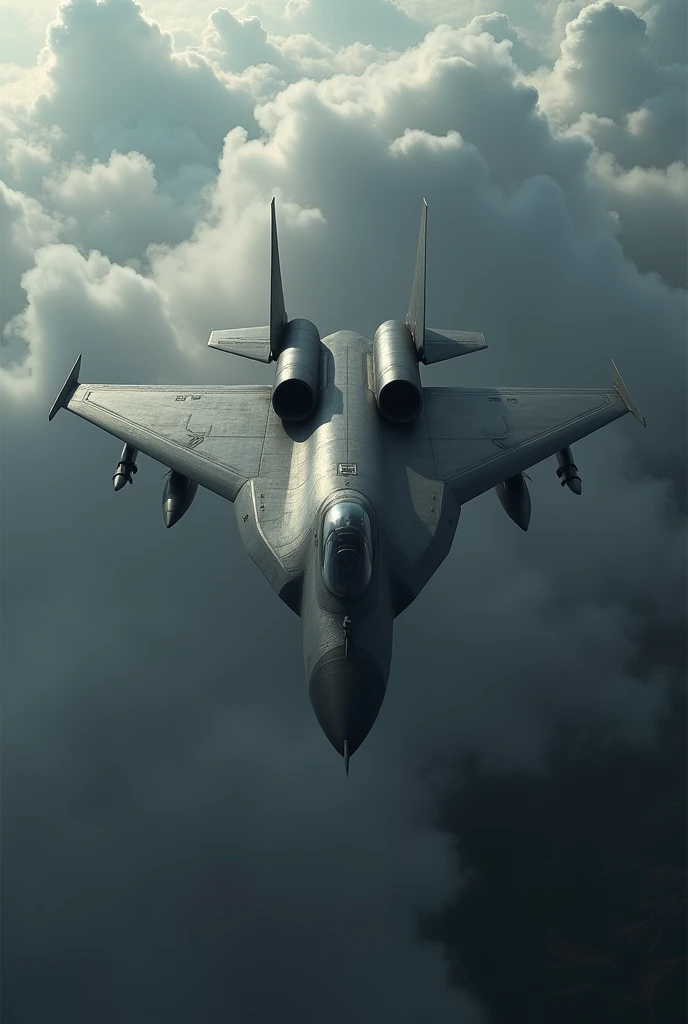 An F111-F fighter plane from above, top view, with grey clouds background