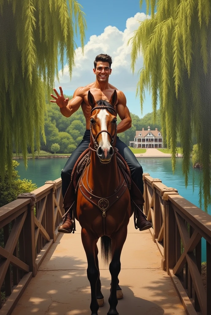oil painting, wide shot a young italian boy, muscled_toned_perfect_body, man, looking at the camera ridding a black horse on the bridge smiling exteding his hand "come with me" hansome, modern hair cut, oval face, wearing glasses to see, thin lips, square chin, he is smiling, in the distance a style realism+neoclassical, intricate details, leading lines composition, intense cold solid colors, plantation_house_ in_louisiana+river+bridge+pathway+forest, flanked bwillow trees