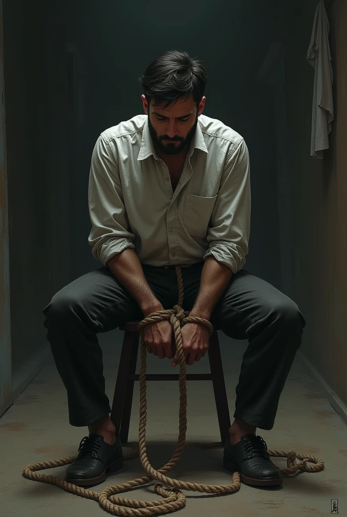 Main tied on chair rope in his waist shirt on