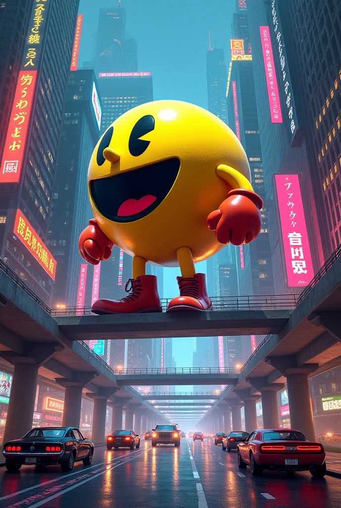 Giant Pac Man in 80s city