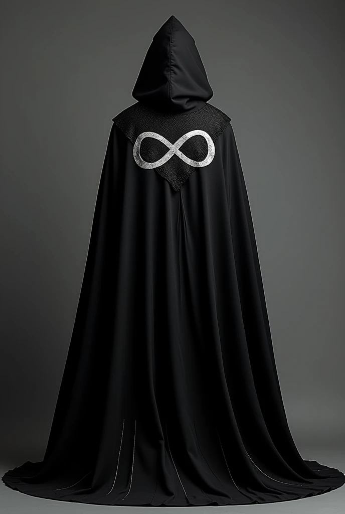 Paradox Theme Black Cape，Infinity symbol on the cape，The cape has a Mobius strip on the edge，Silvery white lines，Special coated cloth，There is a Penrose triangle on the back，Mirrored side of cape，Paradox effect，Fantasy，gorgeous，Gorgeous，fantasy