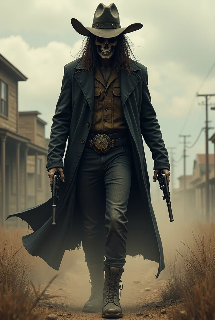 He is 1.80 meters tall, with long, greasy hair and a deteriorated cowboy hat on his head. His face appears to be a undead, with a lifeless tone.His eyes are black and empty. He wears a black trench coat with a sheriff's badge, dark pants, and boots, and carries a revolver in each hand. He is known as the Death of the Old West, exuding a heavy and dark energy that terrifies everyone he encounters.