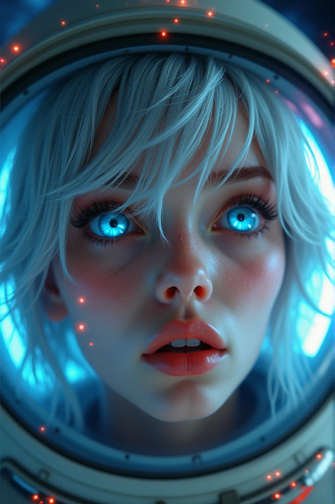 (Close-up of a better masterpiece: 1.5) 0.9], (Space and astronauts: 1.2) (Disheveled silver hair: 1.1) (Xanthochromia heterochromia and blue eyes: 1.2) (space helmet: 1.0) (colorful stars in the eyes: 1.0) (A radiant glow: 1.1) (thick lips: 0.9)