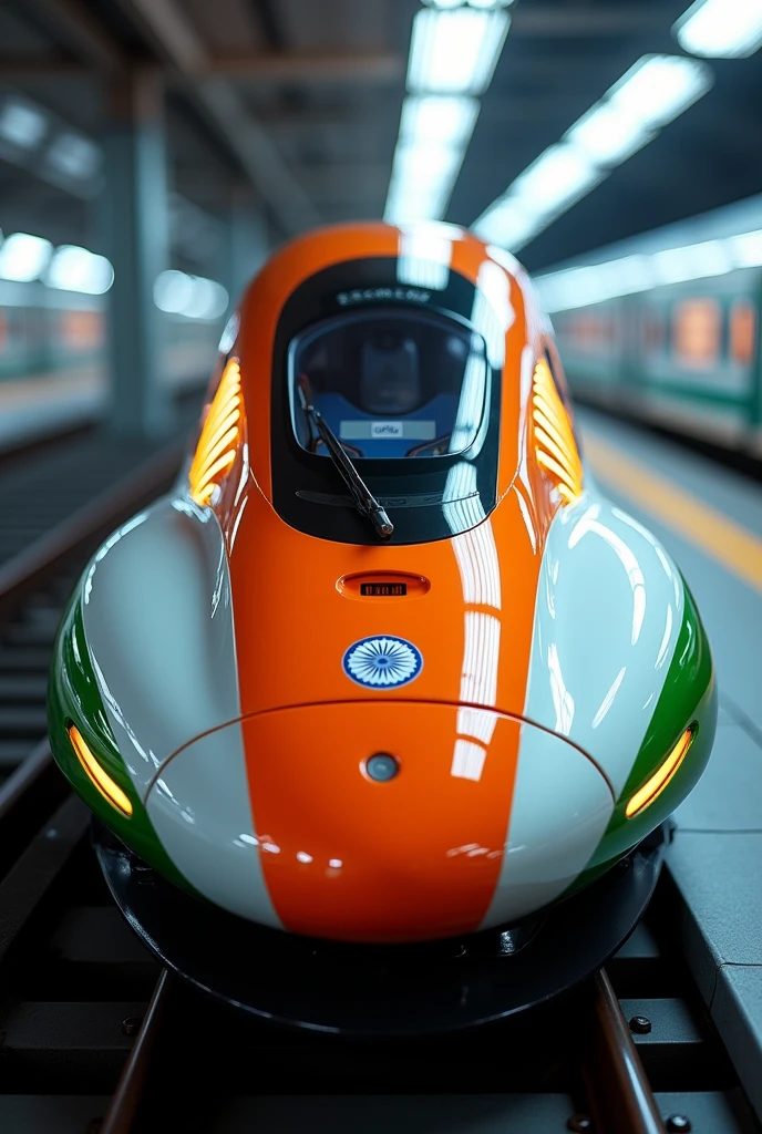 Imagine a Japanese Shinkansen Train with longer Nose More Aerodynamic and With Indian Flag Colours design add more Lights in the Front of the Train Led Strip Lights more Futuristic, Make the Best What u can make make the Front look Different and More Unique and long and Print INDIAN RAILWAYS in the Front of the Train
