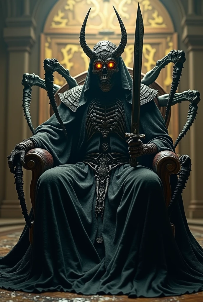 sitting on the throne, king of the dead with a crown of bones, black web robe, web, with a black blade in his hand, fantasy, dramatic photo, dynamic photo, full body view,  model poses, blurred background, highly detailed, ultra-realistic, 8k, (realistic:1.3), poster, intricate details, painting \(artwork\), ((masterpiece,best quality)), ((cinematic light)), hyperealistic, fearsome, dark fantasy \(style\), detailed armor, detailed spider helmet, spider head, eight hands,  eight eyes, terrible, scary, ugly, (dark shot:1.17), epic realistic, faded, ((neutral colors)), art, (hdr:1.5), (muted colors:1.2), hyperdetailed, (artstation:1.5), cinematic, warm lights, dramatic light, (intricate details:1.1), complex background, (rutkowski:0.8), (teal and orange:0.4)