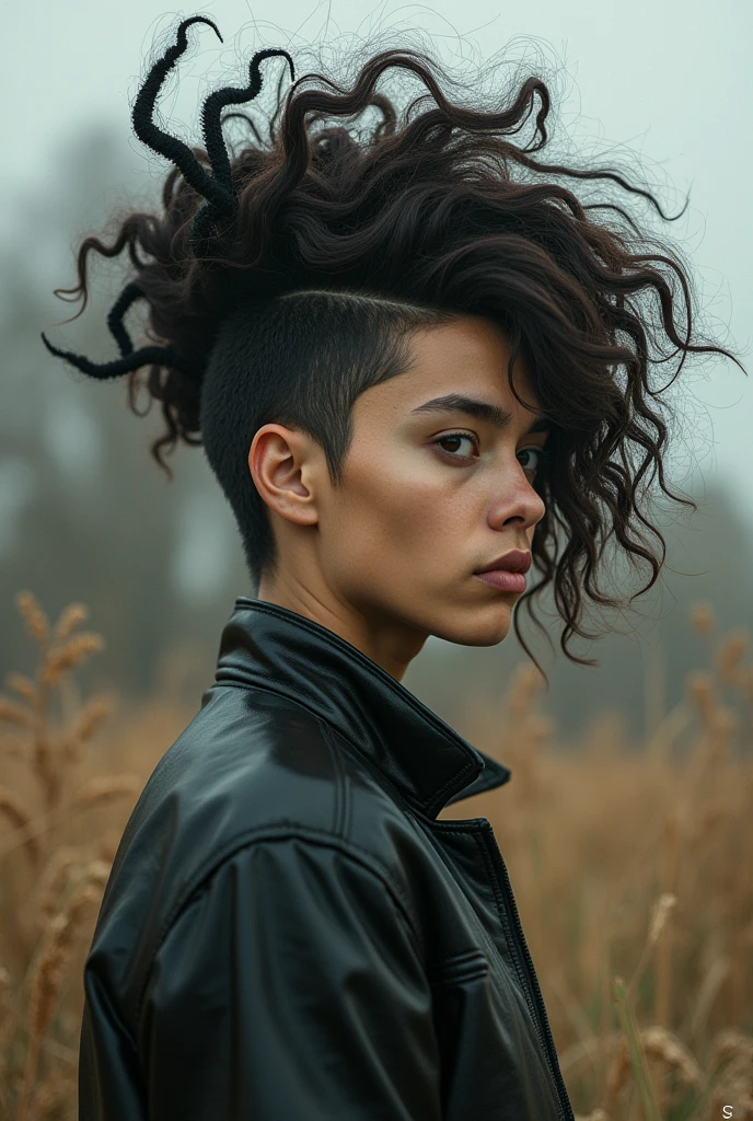Create a person with a strange hairstyle, uses a realistic style, like in a photo