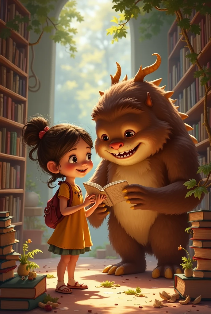 Create an image for story books
Together, they embarked on fun adventures, from reading stories to exploring the neighborhood, proving that monsters could be friendly.
There is only girl who is friendly with moster Benny who looks like brown coular and big can you make their backgrounds was library