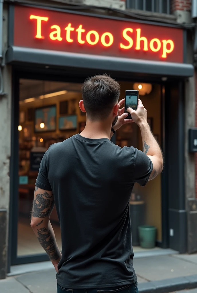 A man on the street , front a tatooshop( You can see the men from behind and you can see the sign where it is write " tatooshop" He is holding the phone in his hand pointing towards the display case.(as if I like she recording with the mobile camera).
