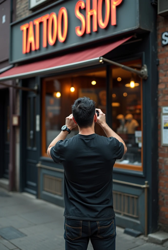 A man on the street , front a tatooshop( You can see the men from behind and you can see the sign where it is write " tatooshop" He is holding the phone in his hand pointing towards the display case.(as if I like she recording with the mobile camera).