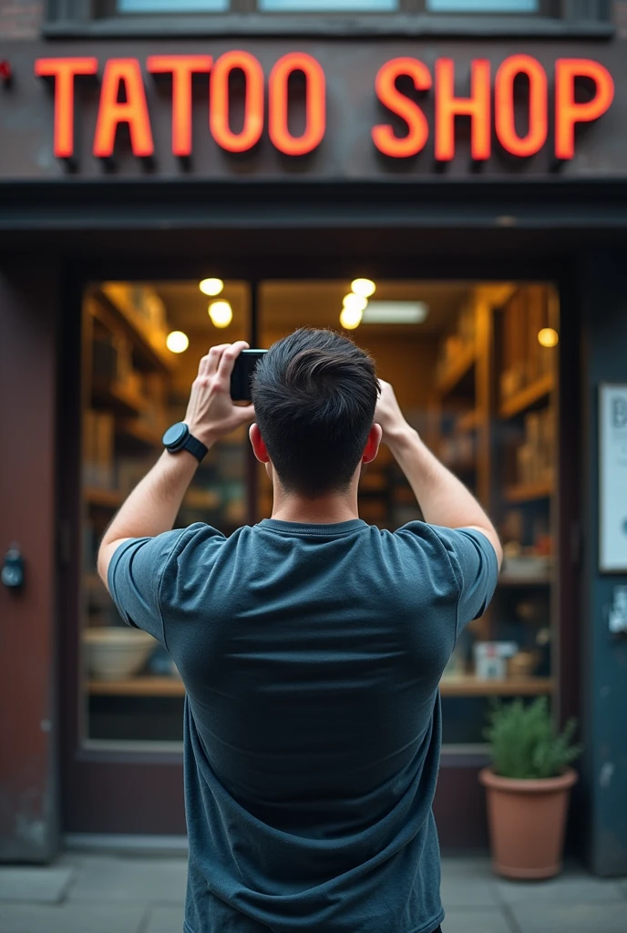 A man on the street , front a tatooshop( You can see the men from behind and you can see the sign where it is write " tatooshop" He is holding the phone in his hand pointing towards the display case.(as if I like she recording with the mobile camera).