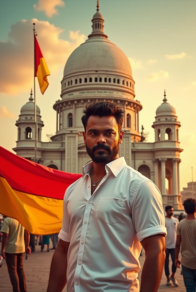 A large ornate building with a domed roof and intricate architectural details. The building has Tamil and English text on the facade. The background suggests an urban setting thalapathy Vijay standing with white shirt and with flag of top red and middle yellow bottom red in the sunrise morning reddish