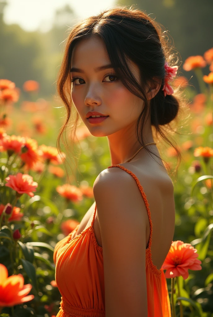 A naked woman in a lush tropical garden, florals, with a close-up capturing the harmonious beauty between yours and the natural flowers, showing off your natural charm and outgoing personality.