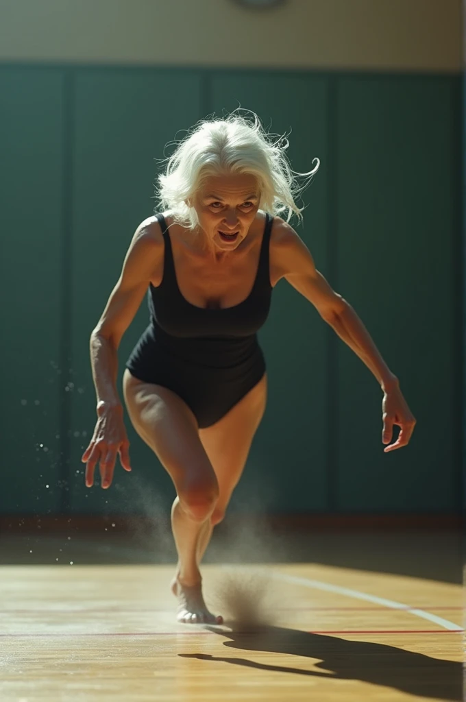 AN OLD WOMAN, quite lean, with white hair, Waist slender, unsmooth skin, wearing a black swimsuit and doing gymnastics jumping in the air