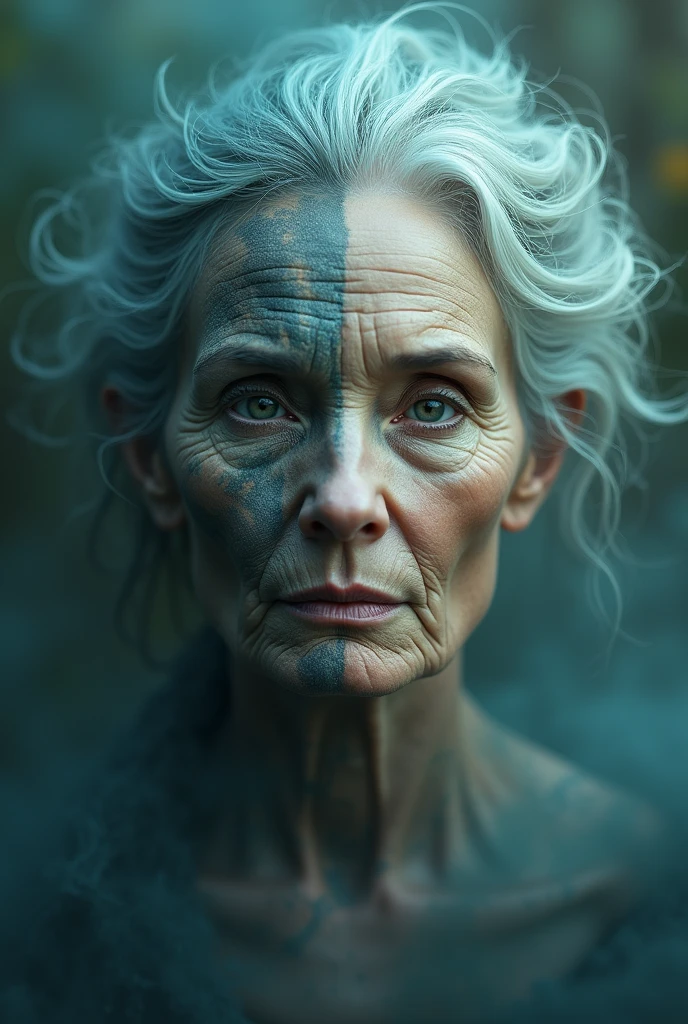 a woman with wrinkled skin and the other half with beautiful skin