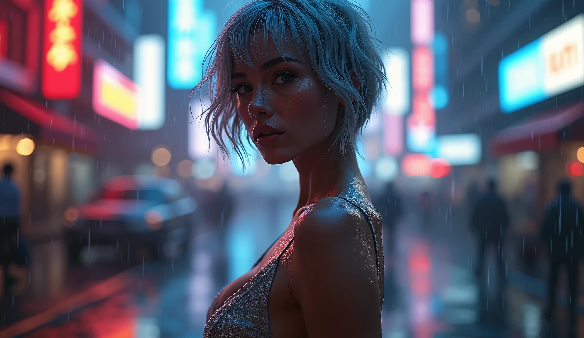 ((Highest quality、8k、masterpiece:1.3))、Sharpness:1.2、Perfect body beauty:1.4、Slim Abs:1.2、((Short Hairstyles、Gray Hair、Big Breasts:1.2))、NUDE 、Whole body、(Neon city at night:1.2)、rain:1.5、Highly detailed face and skin texture、Fine particles、