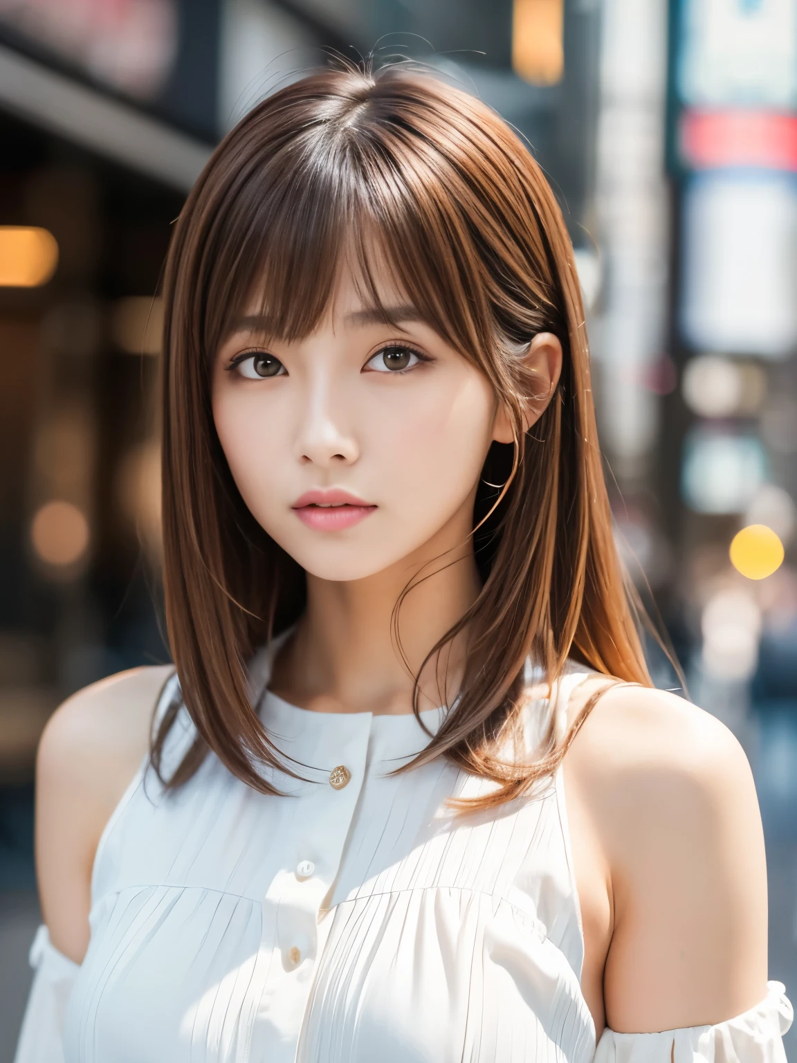 Ultra High Definition, Superior Quality, Premier Quality, ultra detailed, Photorealistic, 8k, RAW Photos, highest quality, masterpiece, Attractive girl, Stunning girl, Brown Hair, Shoulder Length Layered, asymmetrical bangs, Japanese Idol, Sophisticated, Stylish, blouse,Shibuya,