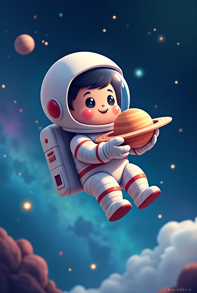 A cartoon astronaut floating in space, holding a little planet with rings, with a backdrop of stars