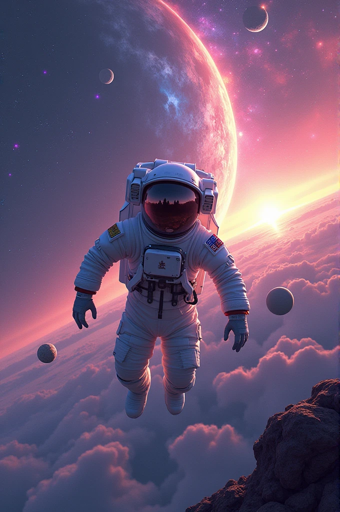 "Draw an astronaut floating in the foreground of a breathtaking cosmic scene. Behind the astronaut, depict a vibrant and colorful galaxy with multiple planets of varying sizes and textures orbiting a distant star. Include details like asteroid belts, swirling nebulae, and distant stars to create depth. The astronaut should be wearing a futuristic space suit, and their helmet can reflect some of the celestial scenery, adding a touch of realism and wonder to the scene."