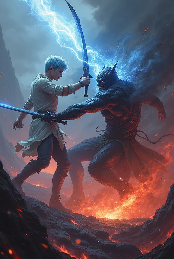A young man with light blue hair and a dark blue sword is defeating a half-demon human in the middle of a volcano.
