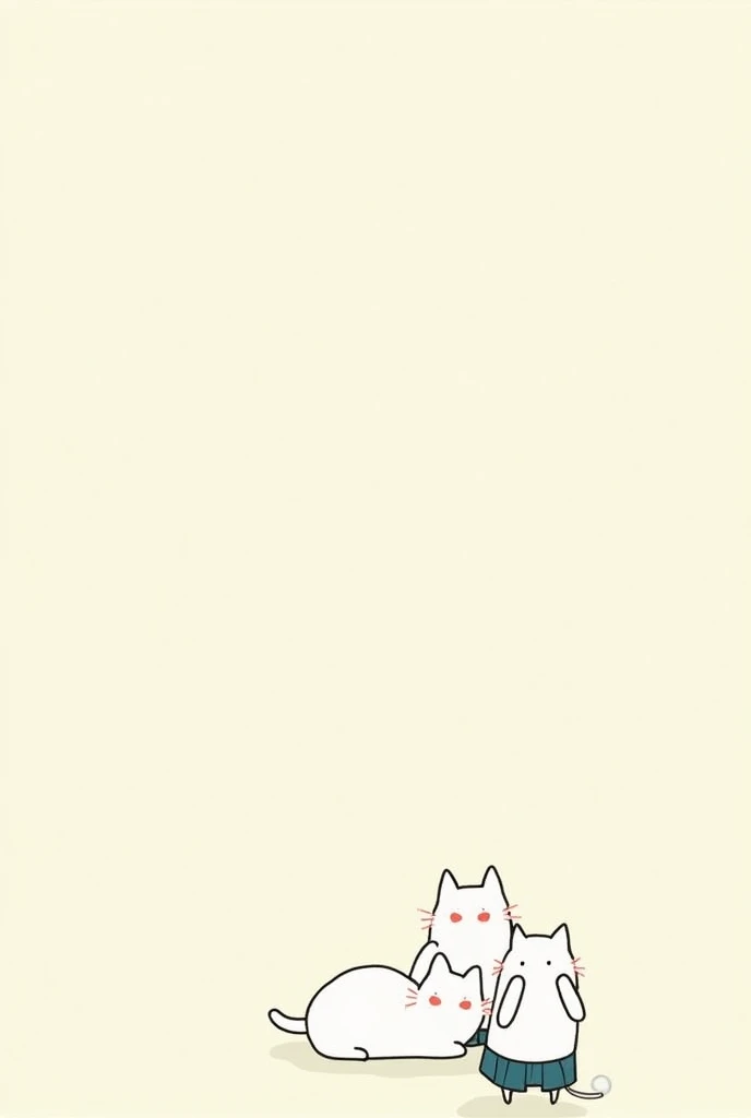 Cats from the short film named "Nekojiru sou" with the characteristic simple style of drawing. Flat and simple. Upright white cats, with school uniform. the style is ñike doodle, flat, paper. Like a kid's doodle.