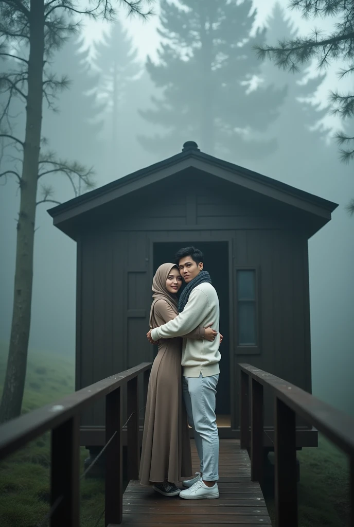 Couple. A Asian woman wearing long hijab, A. A Asian Man with stylish hair, wearing a white sweater and pants, hugging, stands on the deck of a small, modern cabin with a dark, minimalist design, metal roof, and wooden walls. She has a scarf around his neck and leans casually against the railing, gazing warmly into the camera. The cabin is surrounded by tall trees in a dense, misty forest, with trunks and branches barely visible through the thick fog. The atmosphere is serene, mysterious, slightly eerie, evoking solitude and a deep connection with nature.closed up. Face facing the camera